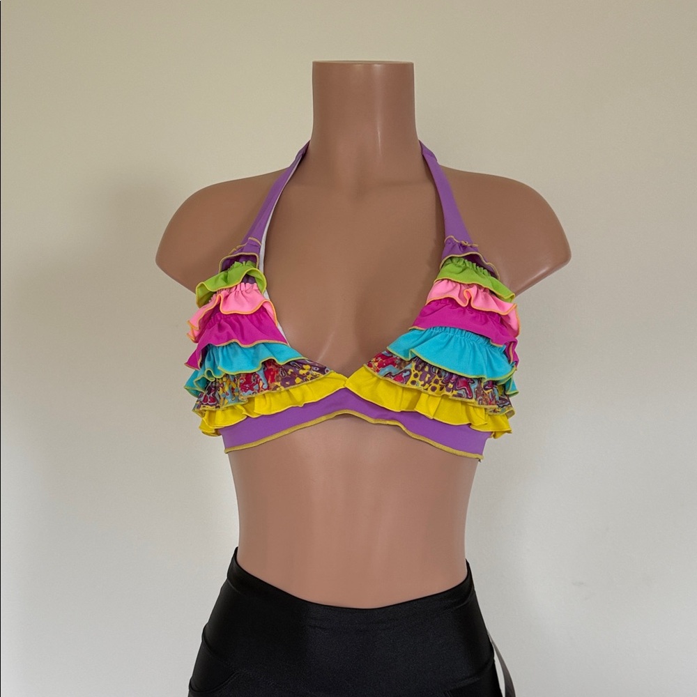 Colorful Ruffled Bikini Top size large made in Colombia
